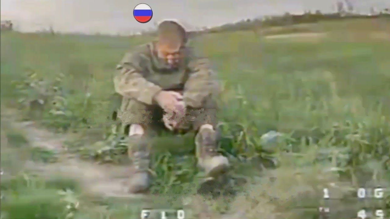Russian soldier was sitting and acting sad against the FPV drone.