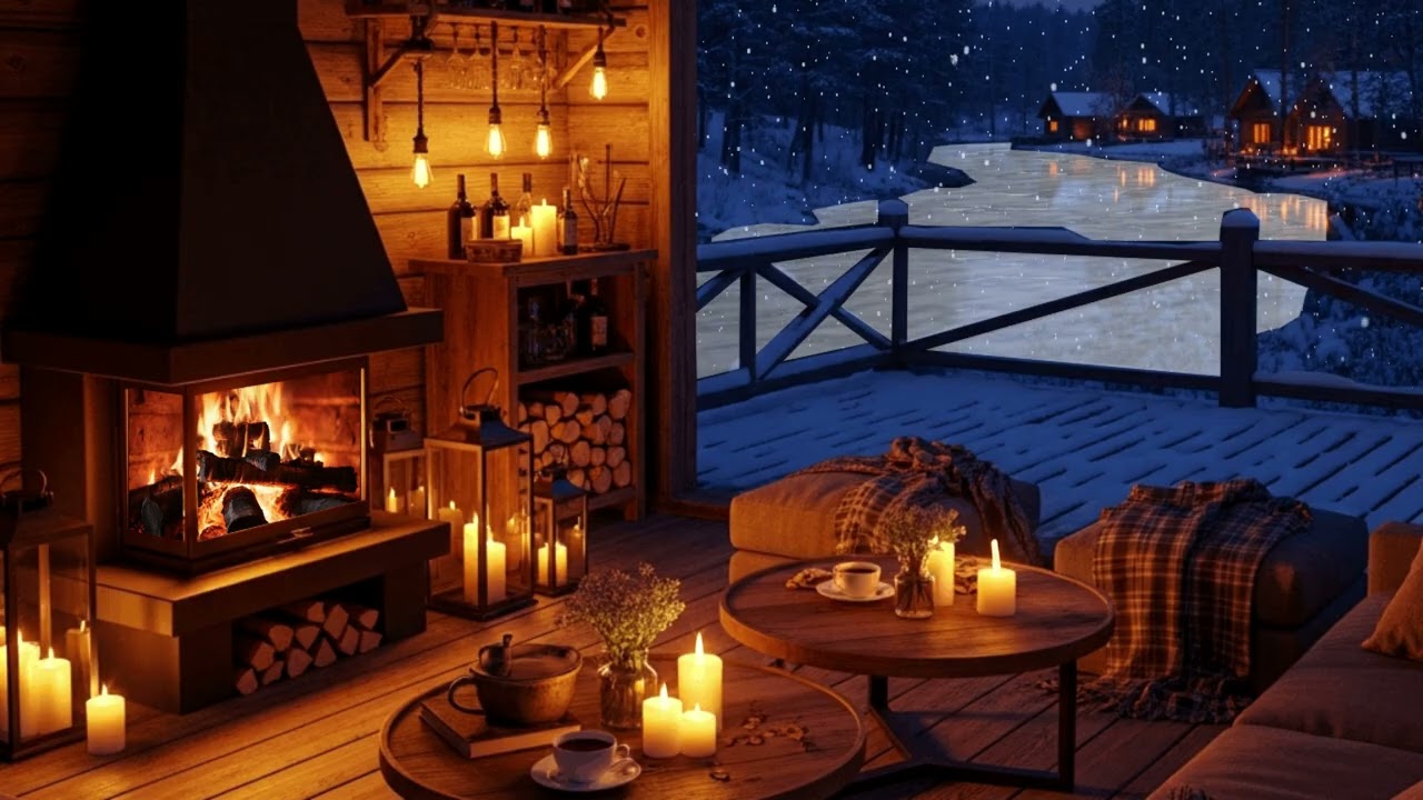 Peaceful Snowy Coffee Shop by the Lake – Calm Jazz & Fireplace Glow