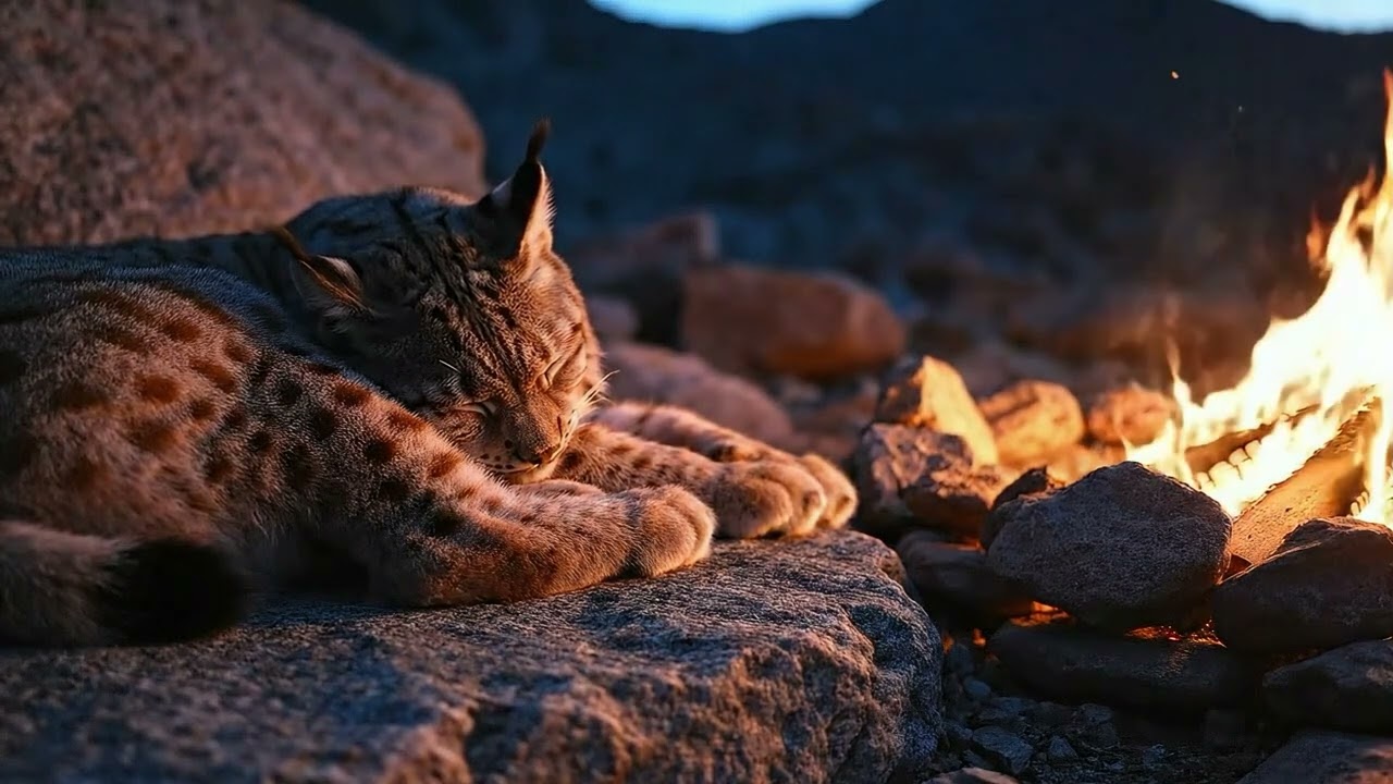 10 HOURS Wild Lynx Sleeping by Campfire Fire Sounds & Mountain Calm for Deep Sleep and Relaxation