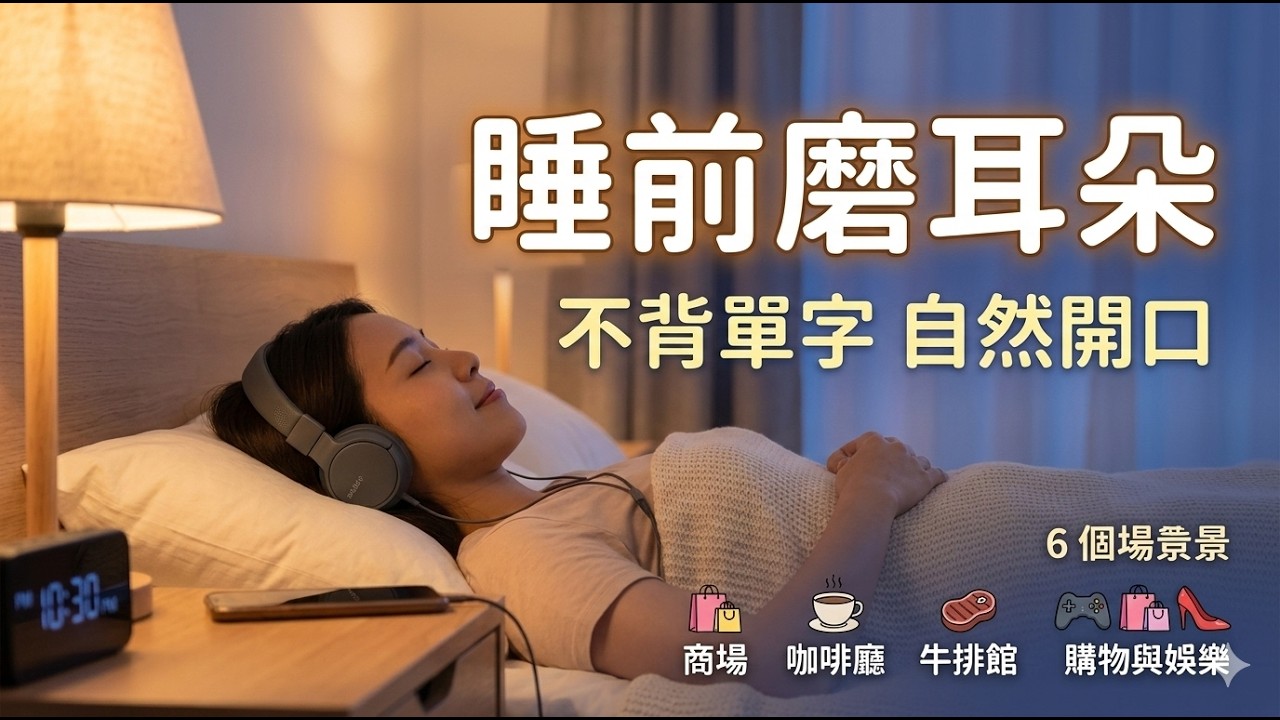 【高效學英文 】睡前磨耳朵：這 6 個生活場景，聽著聽著就會說了！｜零基礎英文萬能句｜商場，鞋店，服飾店，遊戲室，咖啡廳，牛排館實戰｜Efficient English