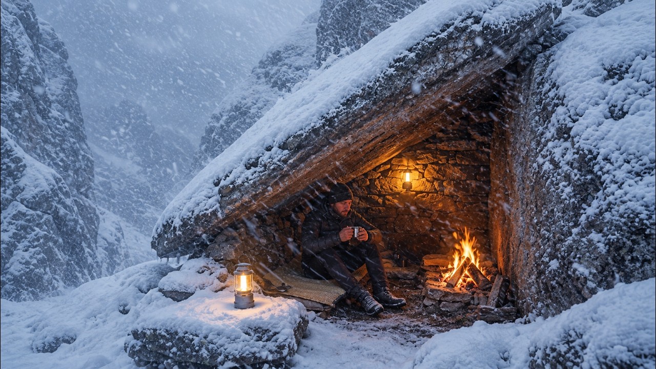 Solo Bushcraft Winter Stone Shelter Build