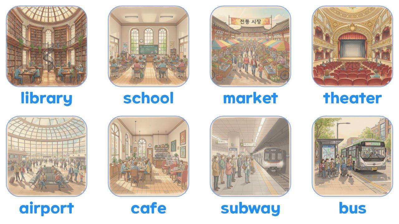 [5분영단어] 도서관 / 학교 / 시장 / 극장 / 공항 / 카페 / 전철 / 버스
