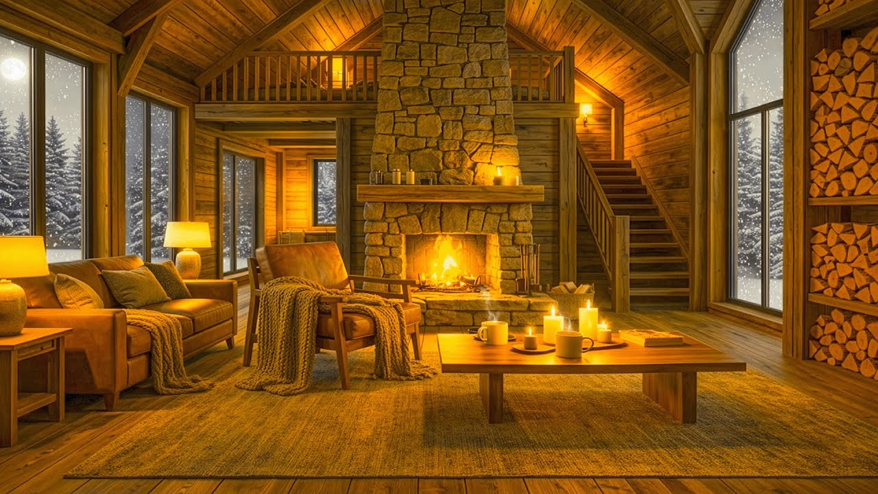 Cozy Luxury Cabin Under Full Moon | Gentle Piano & Fireplace Sounds for Stress Relief & Sleep