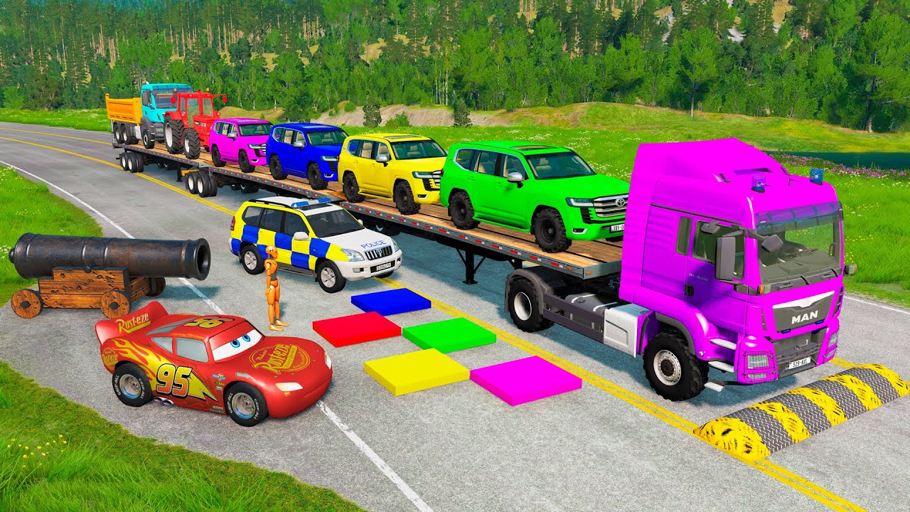 Flatbed Trailer McQueen Transportation with Truck - Speedbumps vs Cars vs Train - BeamNG.Drive #200