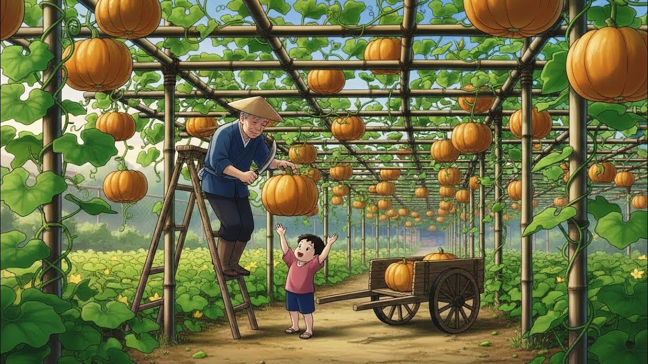 Grandfather And grandson grew pumpkins together