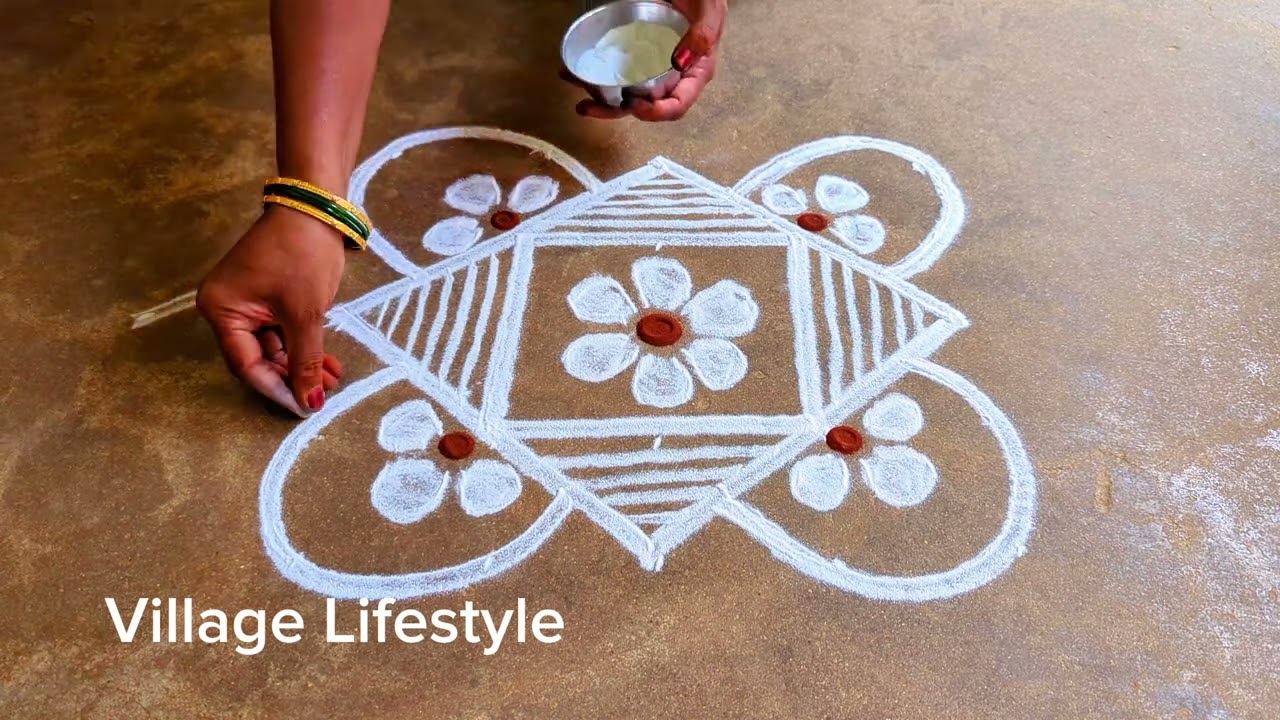 Easy rangoli design, simple method flower muggulu