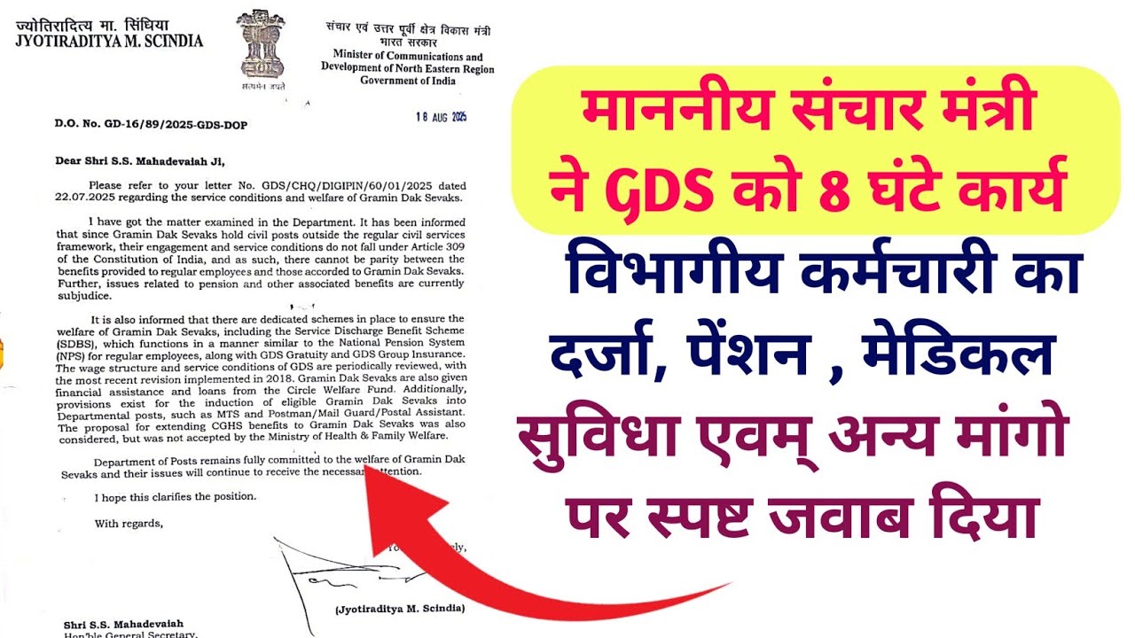 माननीय संचार मंत्री  ने GDS को 8 घंटे कार्य ,विभागीय कर्मचारी का दर्जा, पेंशन , पर स्पष्ट जवाब दिया