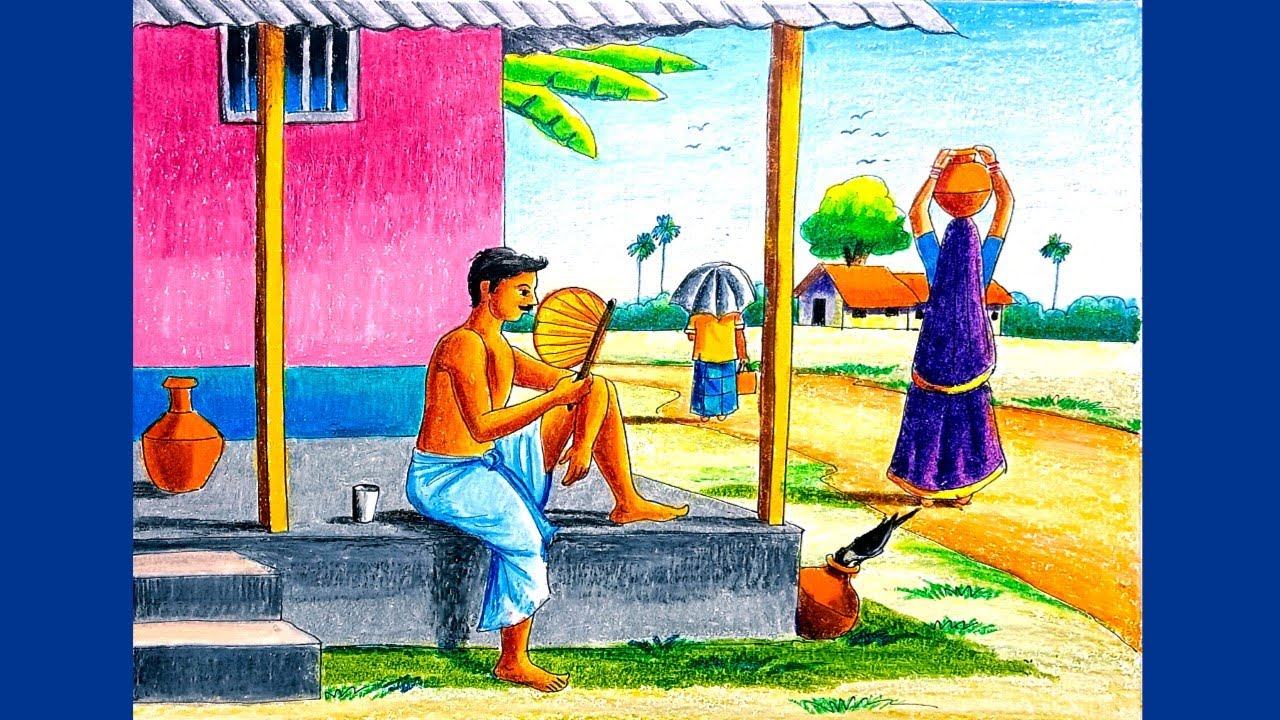 Village summer season scenery drawing step by step/Summer scenery drawing with colour