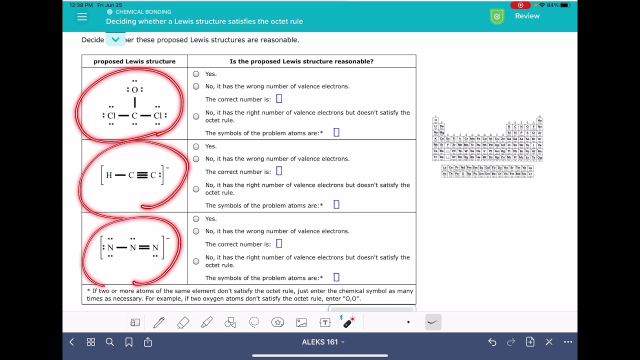 ALEKS: Deciding whether a Lewis structure satisfies the octet rule