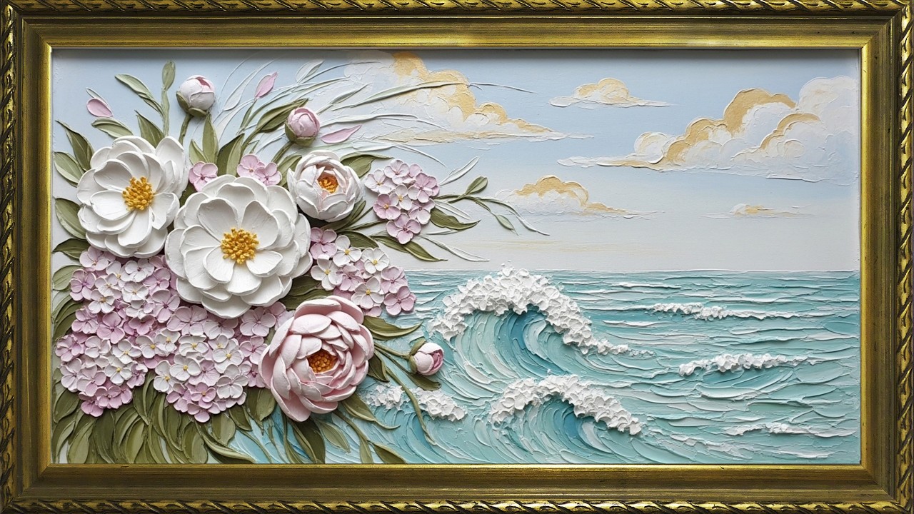 Soft Florals on Dramatic Waves | Elegant Mixed Media Painting