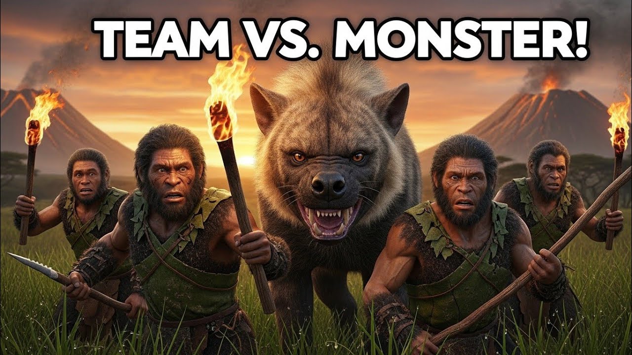 Epic Prehistoric Survival: Hominids vs. Titanohyena in a Battle for Food!