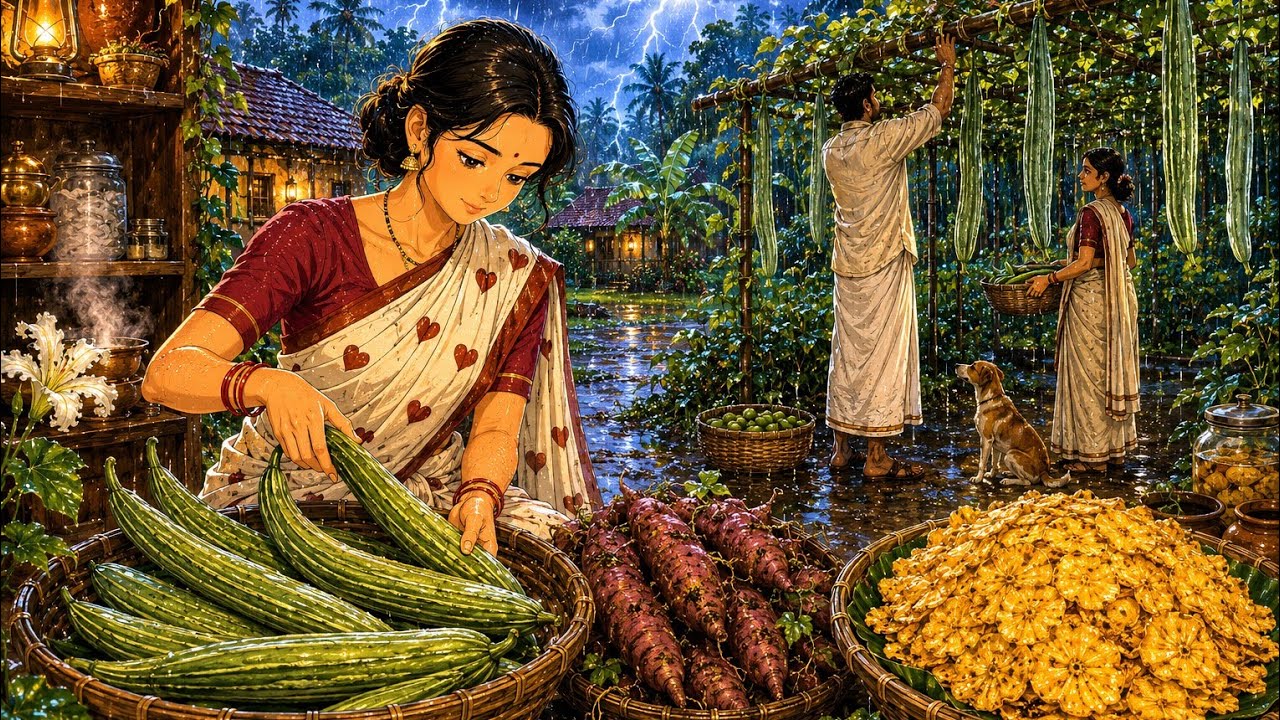 1990s Rainy Village Life 🌧️ | Snake Gourd Cooking & Sweet Potato Harvest | Simple Village Days