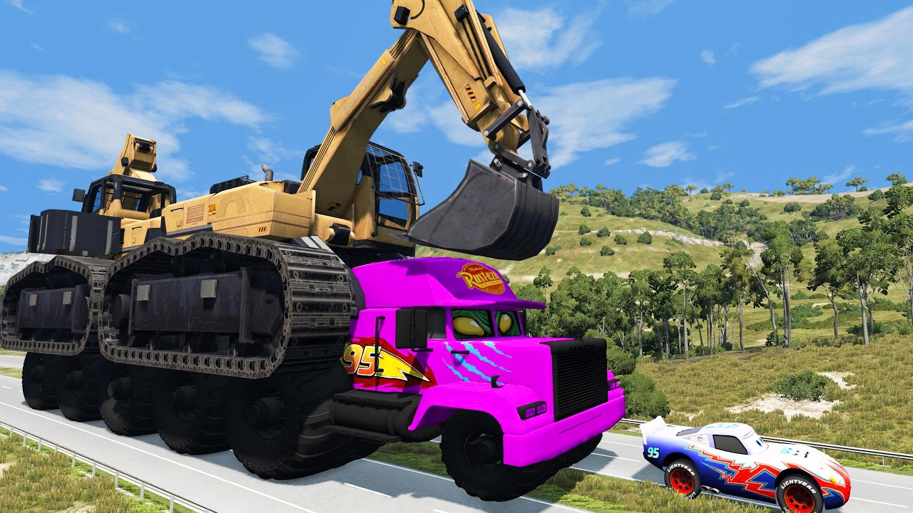 Giant CRUSHER DOZER Mack Truck Eater VS Cars Lightning McQueen Escape Monster Beamng Drive