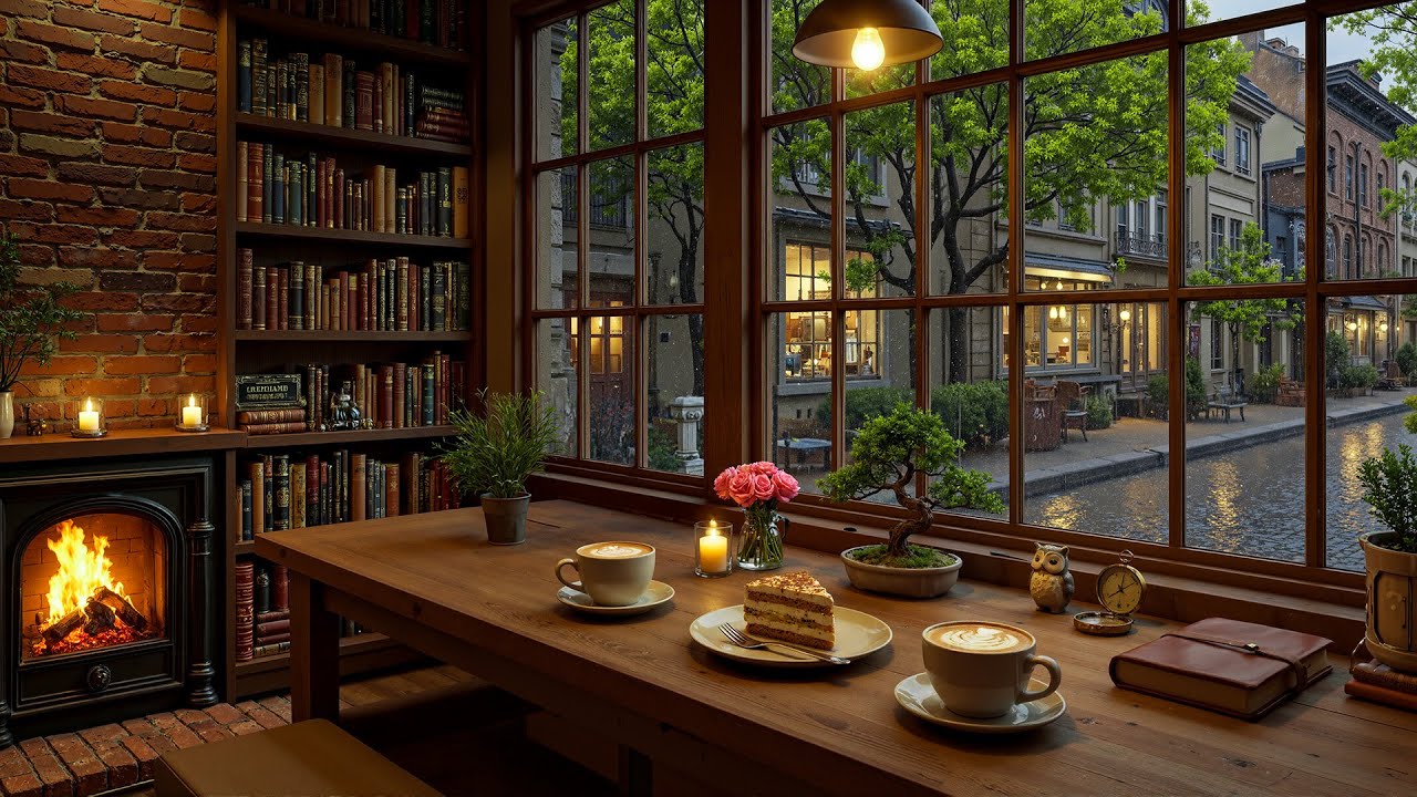 Soft Jazz Coffee Shop 🌿 Warm Piano & Cozy Fireplace Ambience for Study & Focus