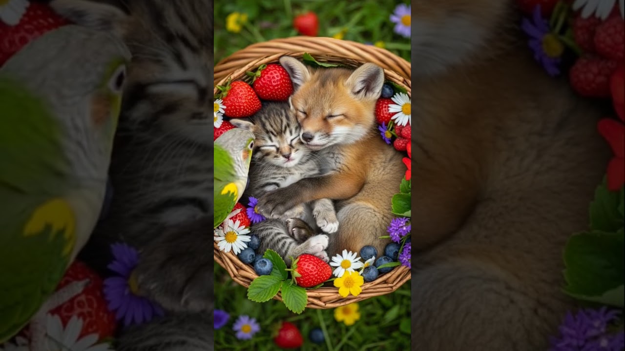 Tiny Kitten & Baby Fox Cuddle in Berry Basket 🐱🦊💐 Parrot Watches from Side 