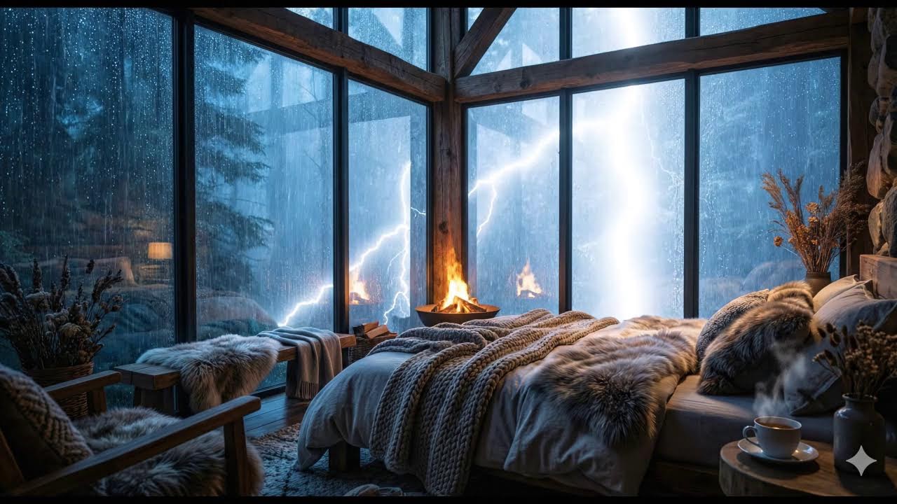 Heavy Rainstorm in Garden House with Lightning Flashed & Thunder Rumbled, Rain Sounds for Sleeping