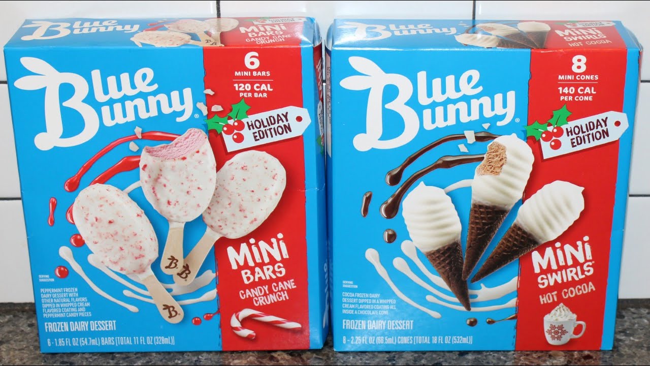 Blue Bunny Holiday Edition Frozen Dairy Dessert: Candy Cane Crunch Mini Bars & Hot Cocoa Mini Swirls