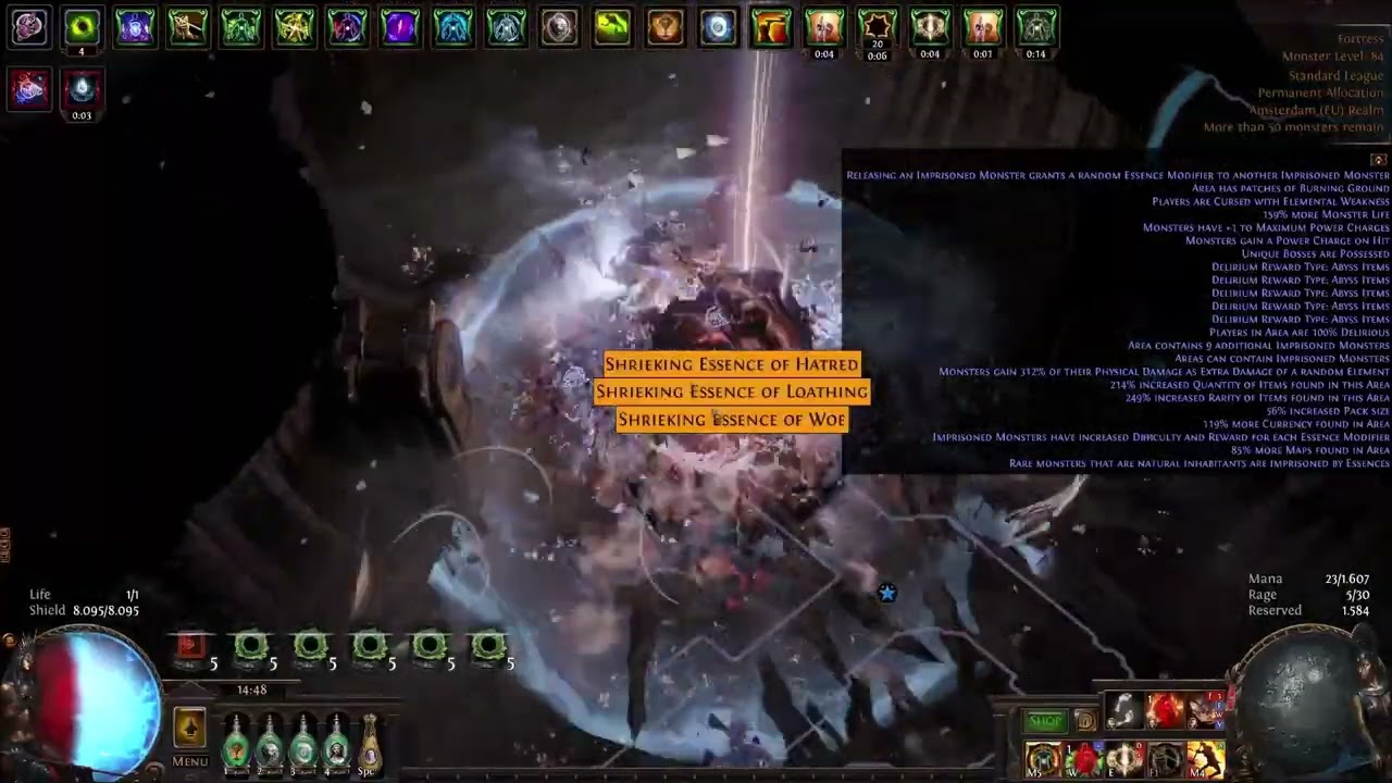 T17 Fortress 159% Life 610% extra ele dmg Whisp Buffed Essence Buffed Possessed 100% Delirious Boss