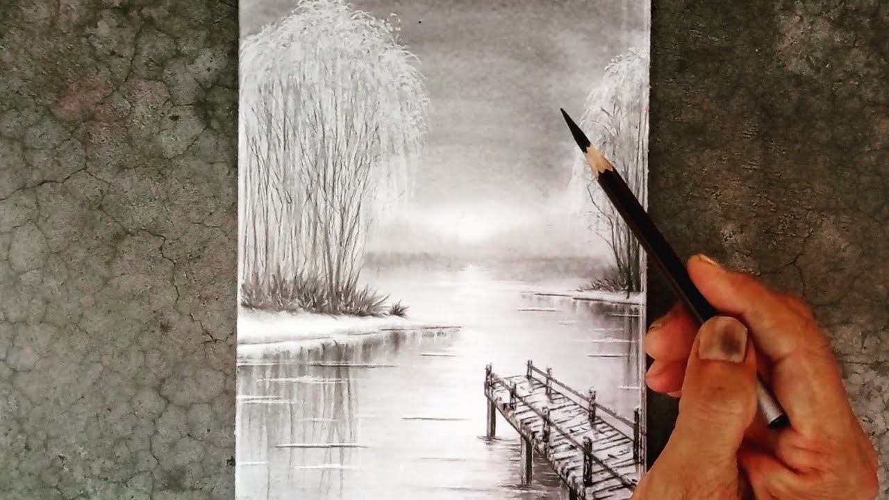 How to draw winter sunset landscape with pencils step by step.