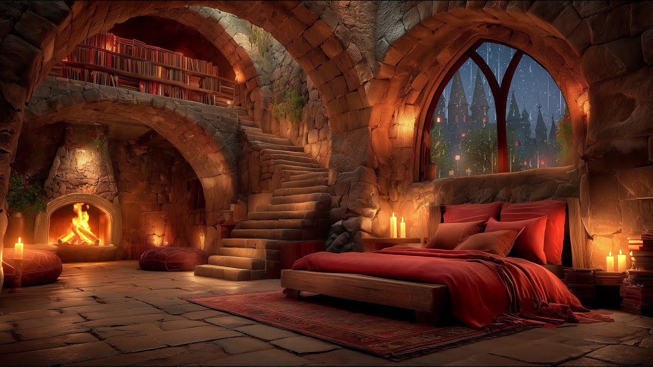 Thunderstorm Serenity - Rain and Fireplace Sounds in this Timeless Castle Room