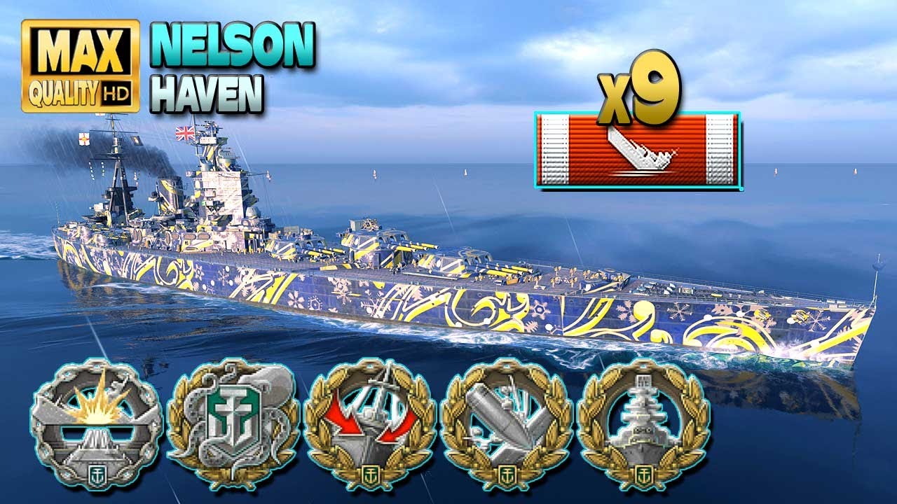 Линкор Нельсон: уничтожено 9 кораблей, на карте Haven - World of Warships