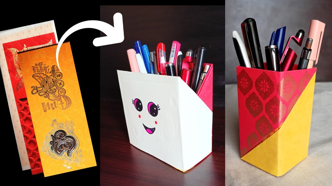 2 simple Pen stand ideas | wedding card reuse ideas | easy paper pen holder | paper craft ideas