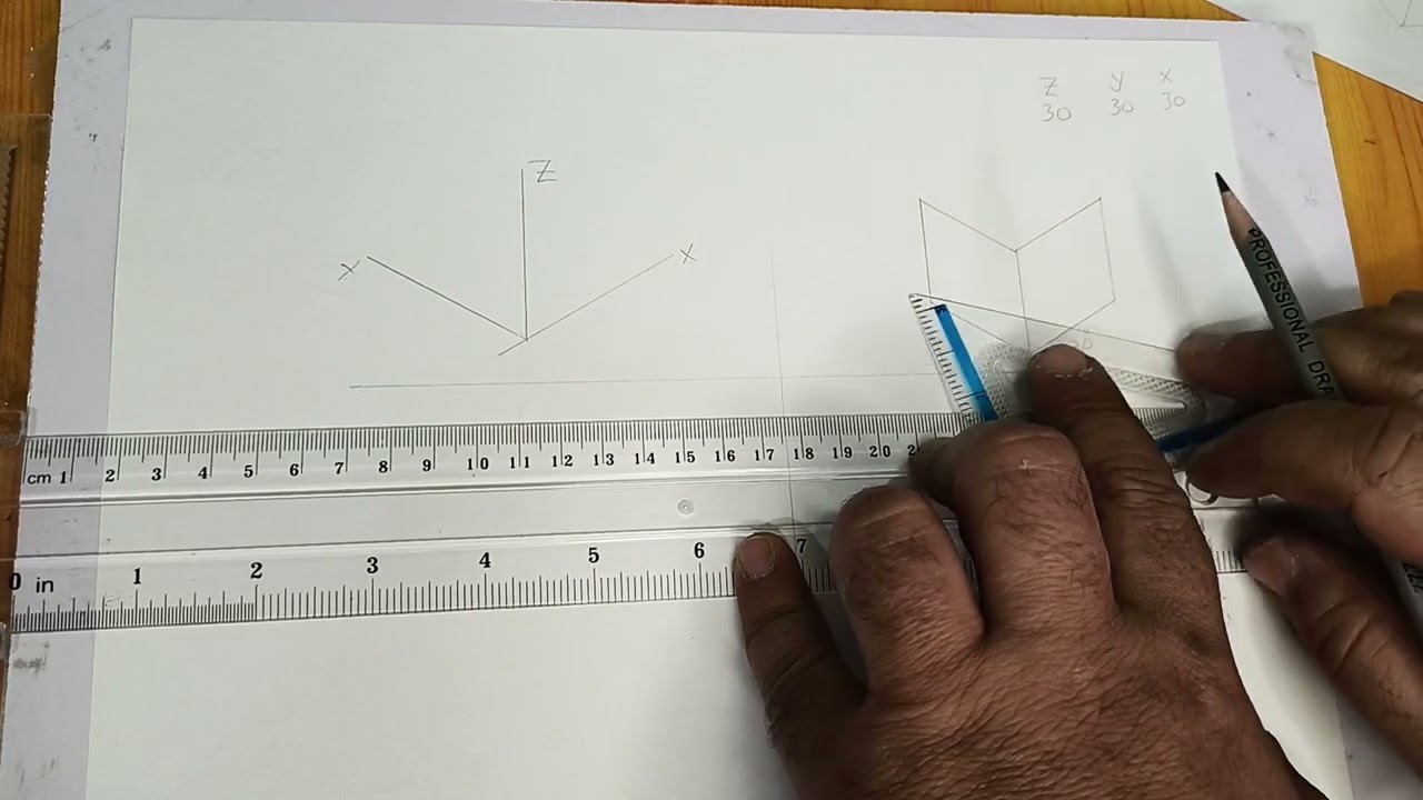 الخطوة الثانية لرسم المكعب ،(المنظور الايزو متري)