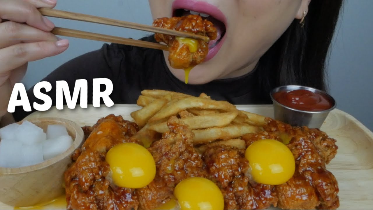 KOREAN FRIED CHICKEN with Egg Yolk *NO Talking Eating Sounds | N.E Lets Eat