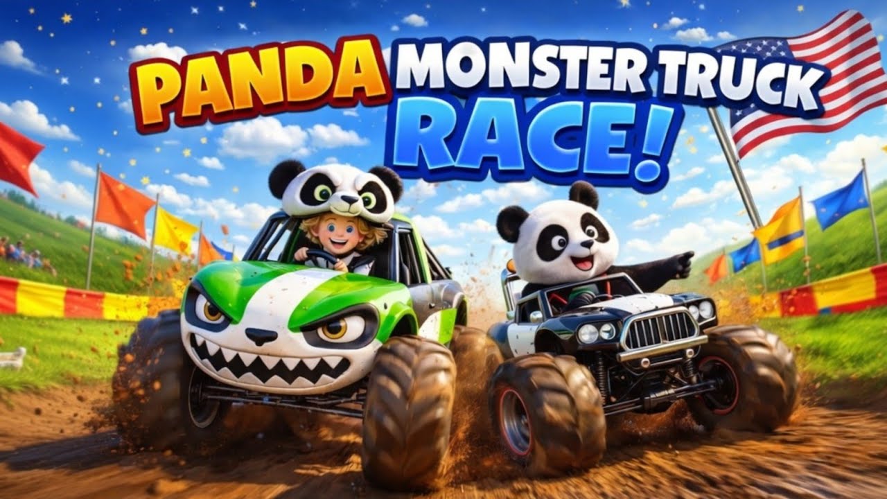 Panda Monster Truck Race! 🐼 Big Wheels Mud Racing for Kids