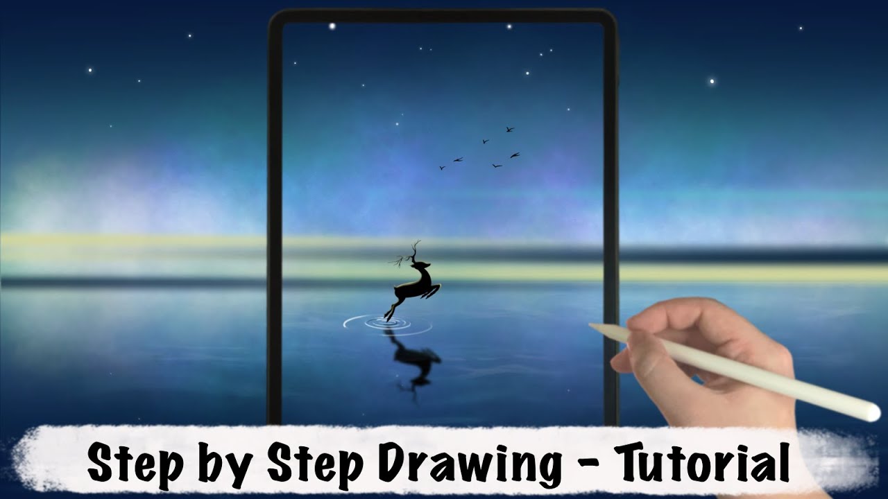 Deer Crossing Water at Night iPad Procreate Drawing - Step by Step Drawing Tutorial