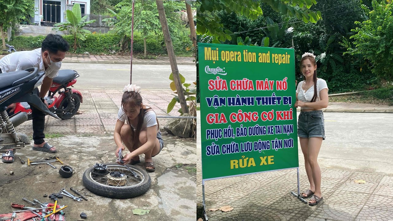 The girl repaired the broken motorbike and made a signboard for her shop brand.