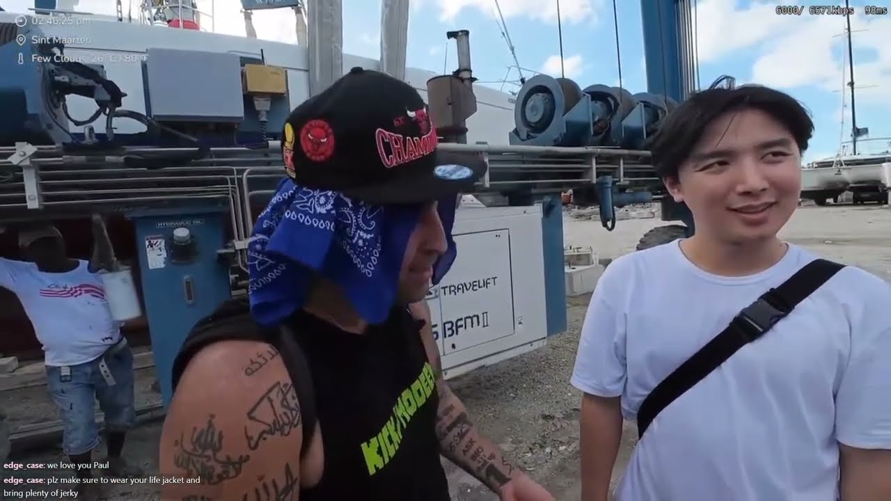 sam irl before boat stream, ice, sam, joel, gary, modeen "stuck on island day 2" (12/19/23)