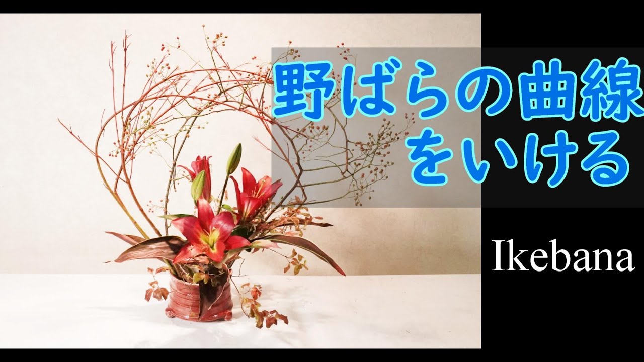 【生け花・秋の花】_野ばらの実で曲線を作る_同系色_making curbed line_Sogetsu Ikebana