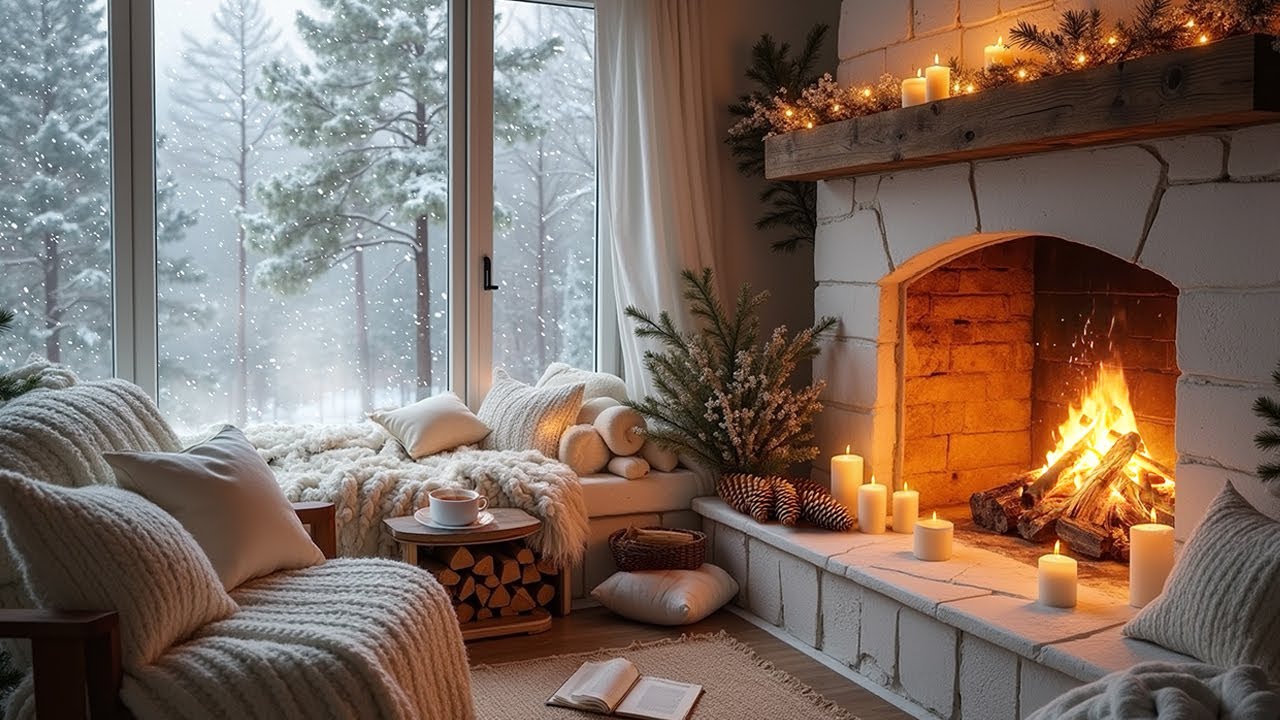 Your Winter Hideaway ❄️🔥 Cozy Cabin with Crackling Fireplace & Snowfall | Sleep & Study Ambience