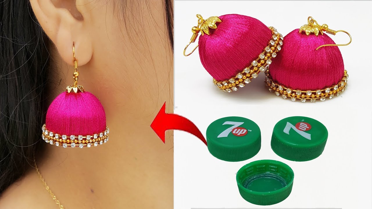 বোতলের ক্যাপ দিয়ে কানের ঝুমকা // Bottle Cap Silk Thread Jhumkas || Bridal Earring