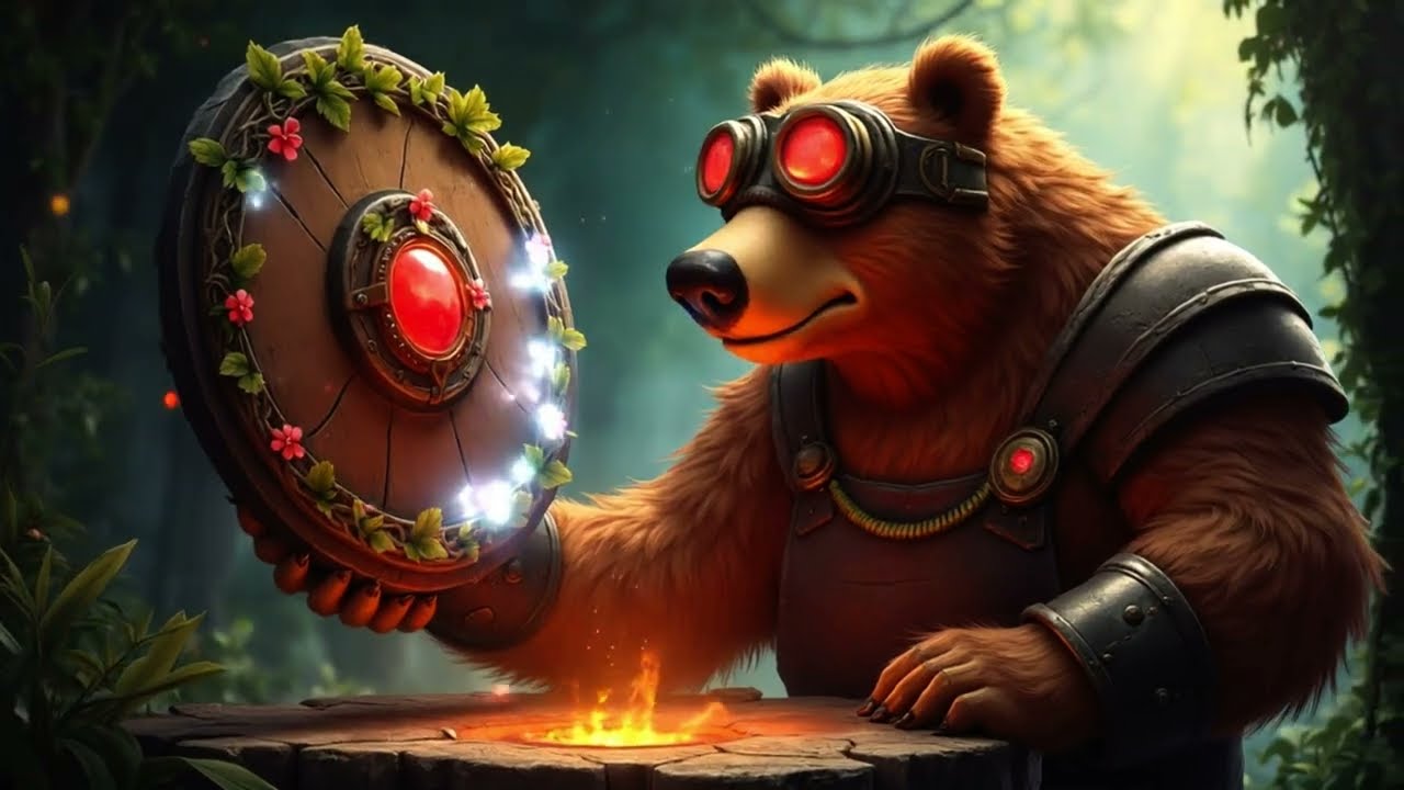 Bear Blacksmith Crafts the Guardian&rsquo;s Grove Shield | Fantasy Weapon Animation 🌿🛡️#aianimation