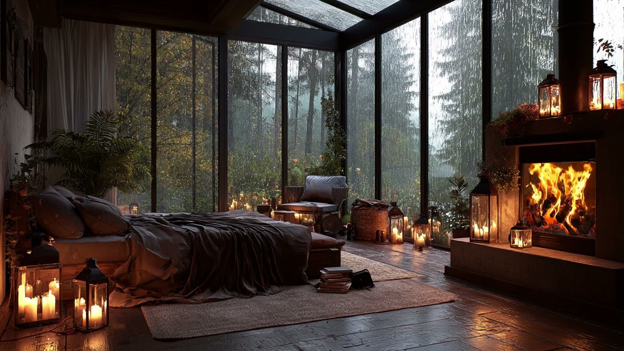 An Interior Framed by Rain and Firelight | Soft Forest Rain Sounds for Deep Night Sleep