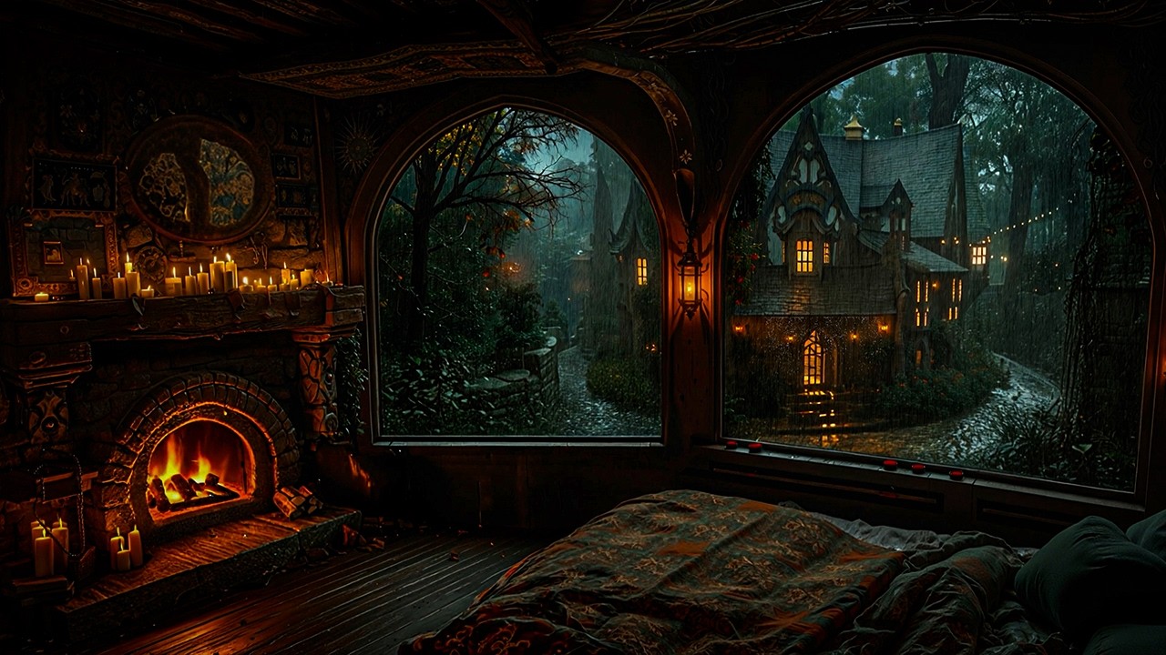 Resting in a Cozy Forest Cottage | Gloomy Rain & Warm Bed | Melancholic Piano Music for Relaxation
