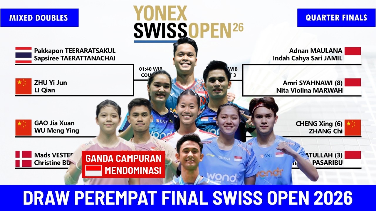 DRAW & JADWAL PEREMPAT FINAL SWISS OPEN 2026. GANDA CAMPURAN INDONESIA MENDOMINASI HARI INI LIVE