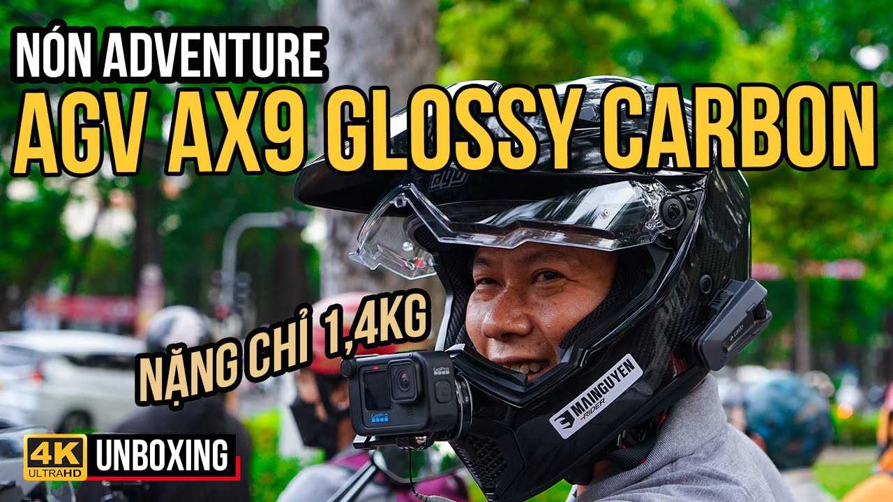 KHUI HỘP NÓN BẢO HIỂM AGV AX9 GLOSSY CARBON NẶNG CHỈ 1,4KG - GẮN CARDO VÀ GOPRO DÙNG LUÔN