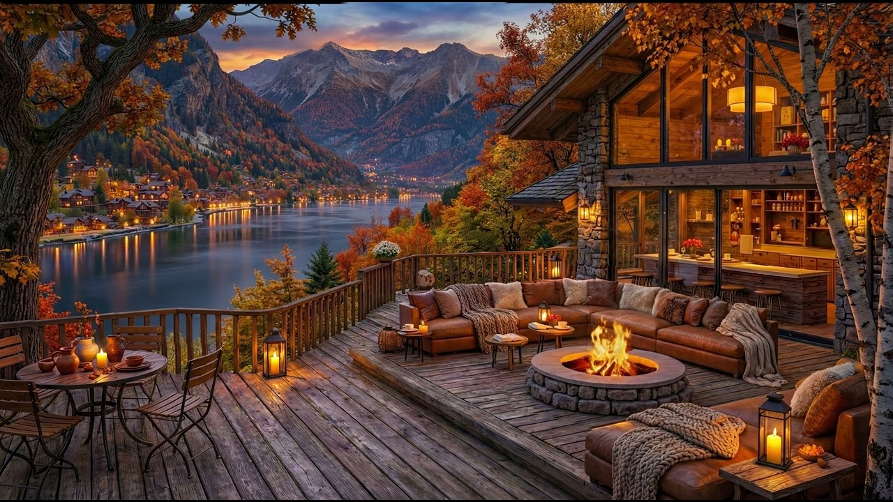Fall Evening Cabin Retreat 🍂 Lakeside Fireplace Ambience for Sleep, Study & Relaxation