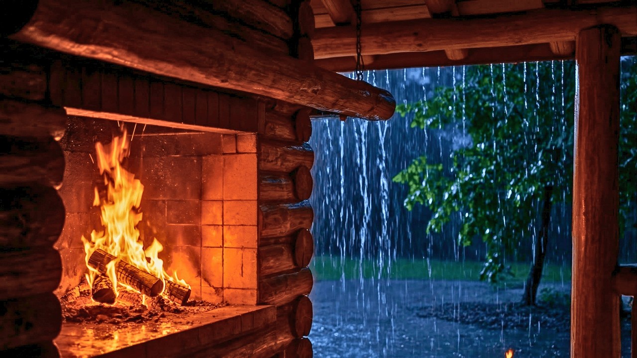 Rain Sounds & Cozy Fireplace for Deep Sleeping & Stress Relief 🔥 Heavy Rain Sounds for Perfect Sleep