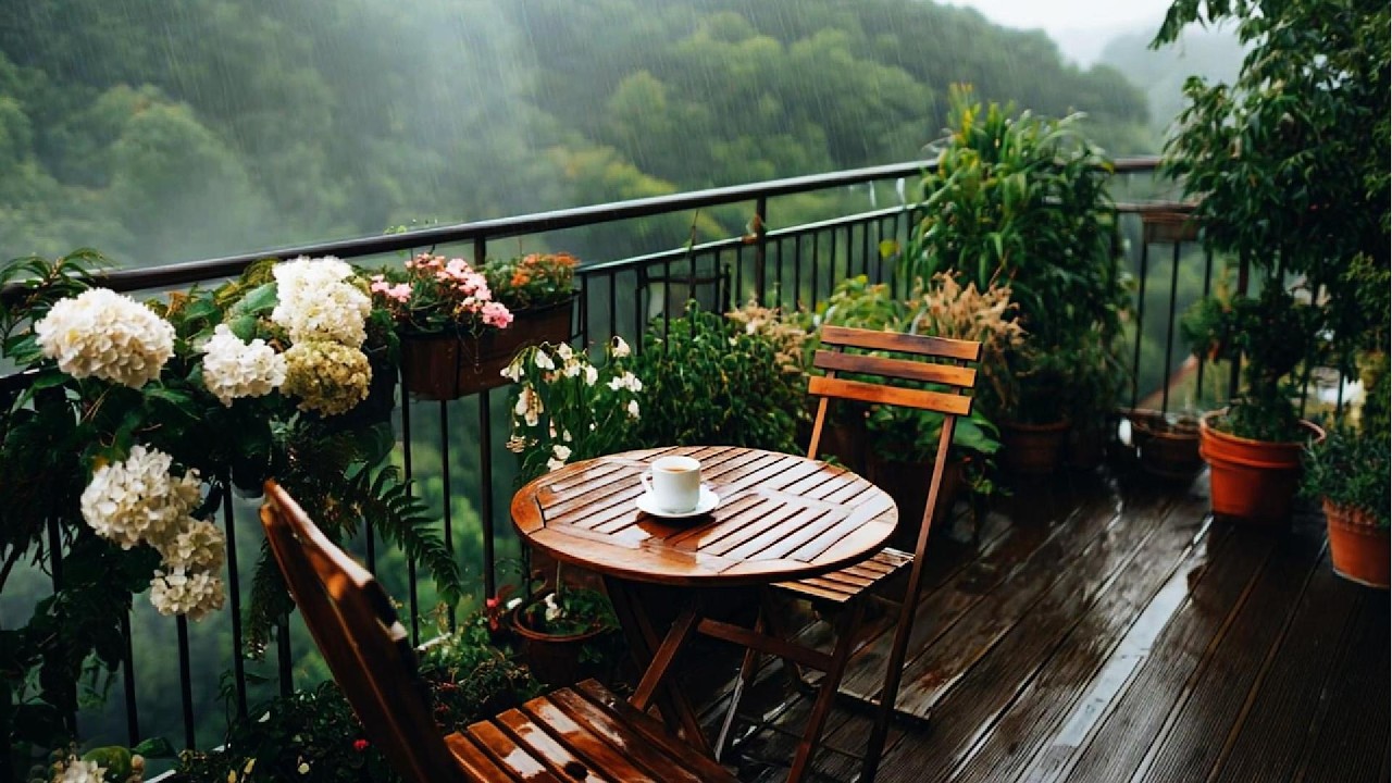 Cozy Rustic Balcony Rain 🌧️☕ | Heavy Rain Sounds & Nature Ambience for Sleep