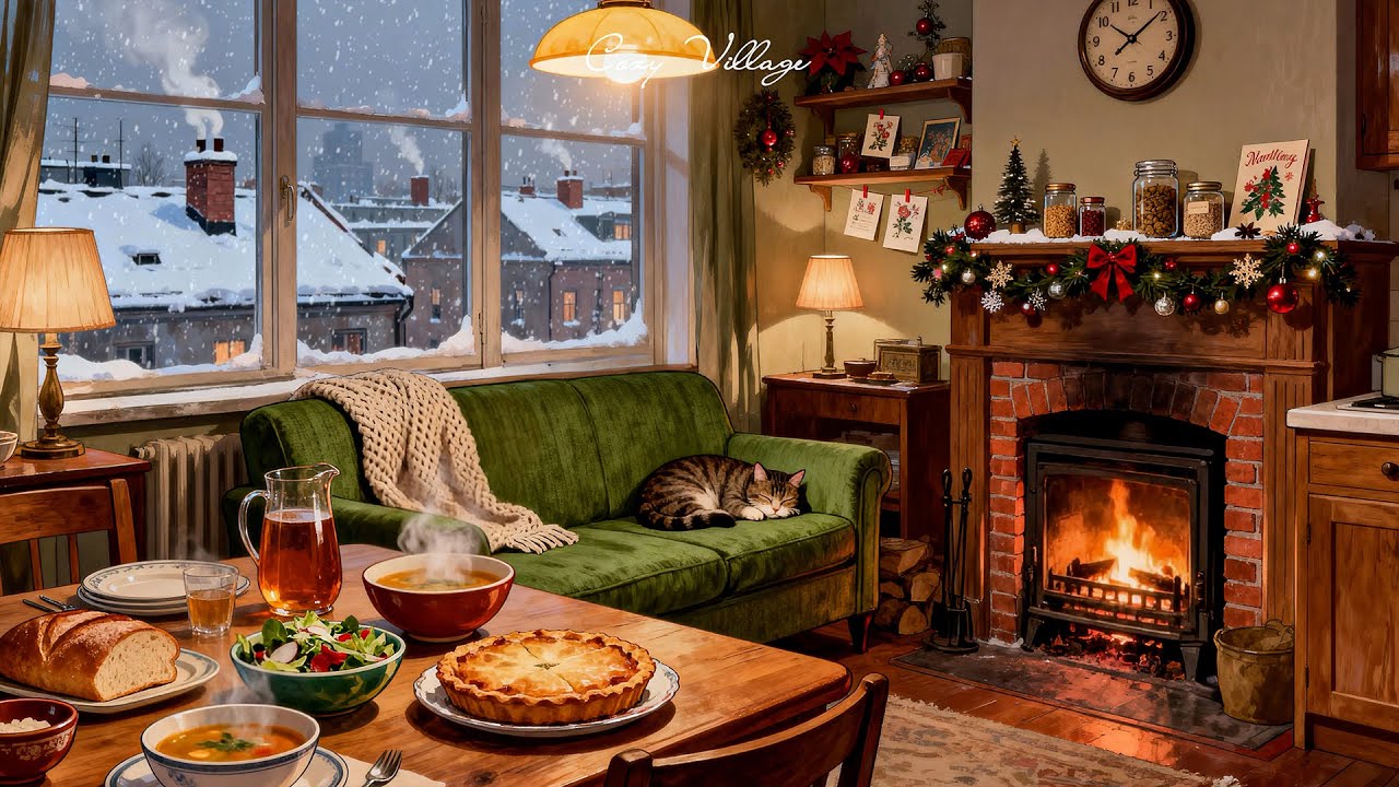 it's snowy cozy winter in 1940s with soft jazz oldies playing in another room (fireplace sounds)