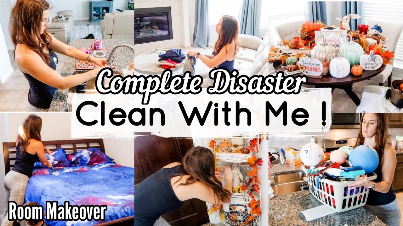 COMPLETE DISASTER CLEAN WITH ME | CLEAN AND DECORATE FOR FALL | PRE TEEN ROOM MAKEOVER