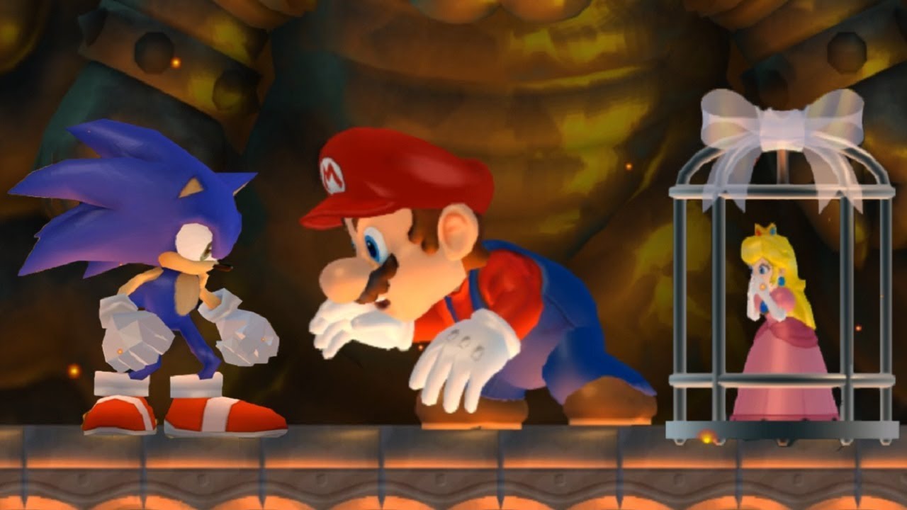 New Super Mario Bros Wii - Sonic Saves Peach from Giant Evil Mario