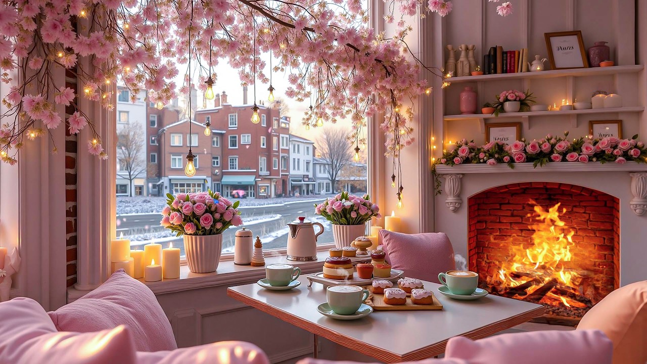 February Valentine Coffeehouse Ambience 💟🎶🔥 Romantic Jazz Music & Fireplace Glow
