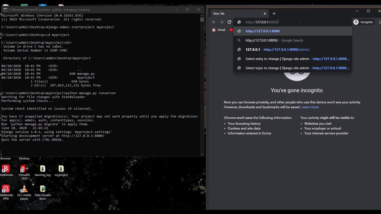 how to set up django project and app using cmd
