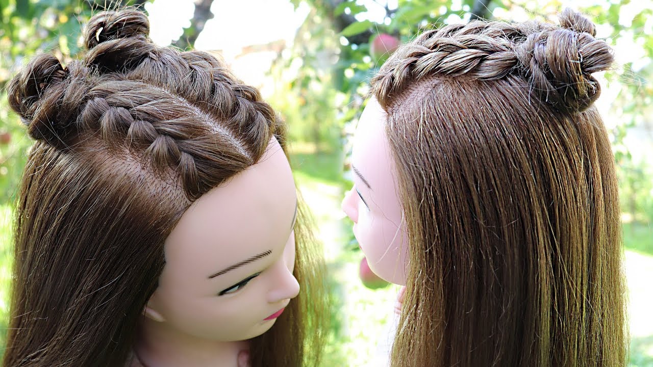 Double Dutch Braid Buns Half-up Hairstyle | Braided space buns