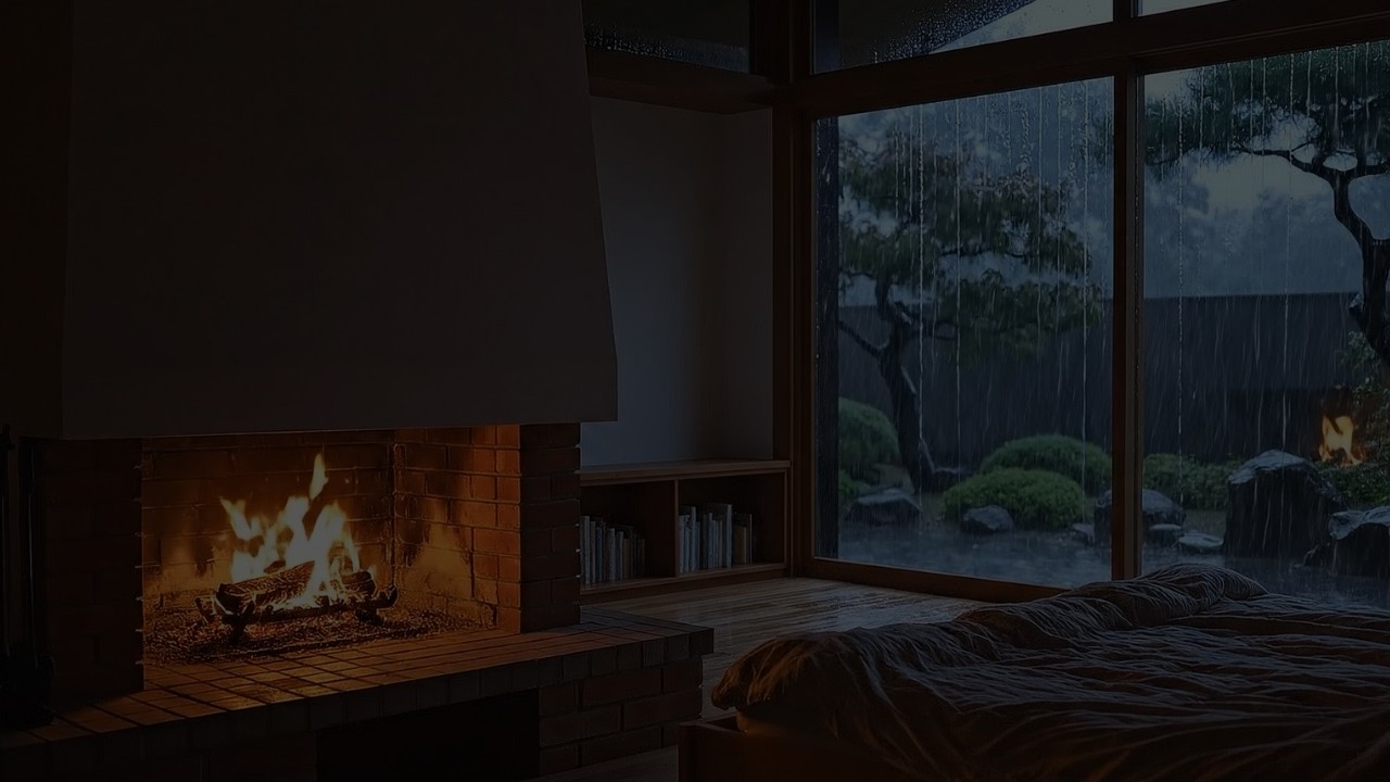 🔴 LIVE (NO ADS) Heavy Rain & Soft Piano for Deep Sleep 🌧️ Cozy Fireplace Bedroom | ASMR Sleep Stream